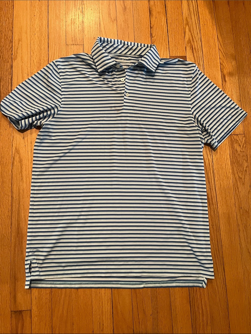 Southern Tide Navy and White Striped Performance Polo